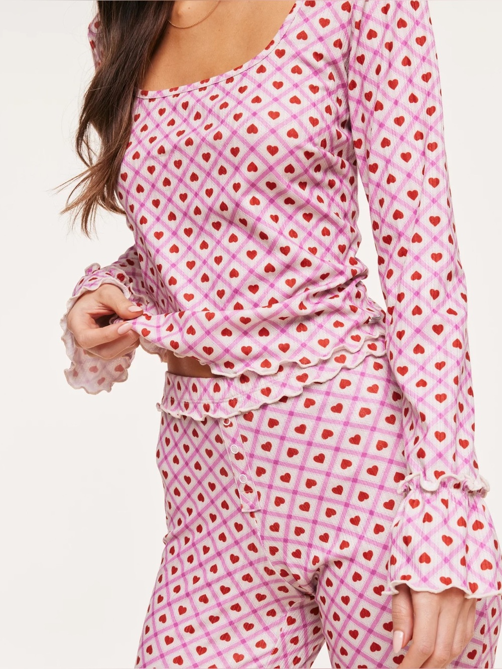 ADORE ME Audra Pink Ribbed Heart-Print Long Sleeve Lounge Top